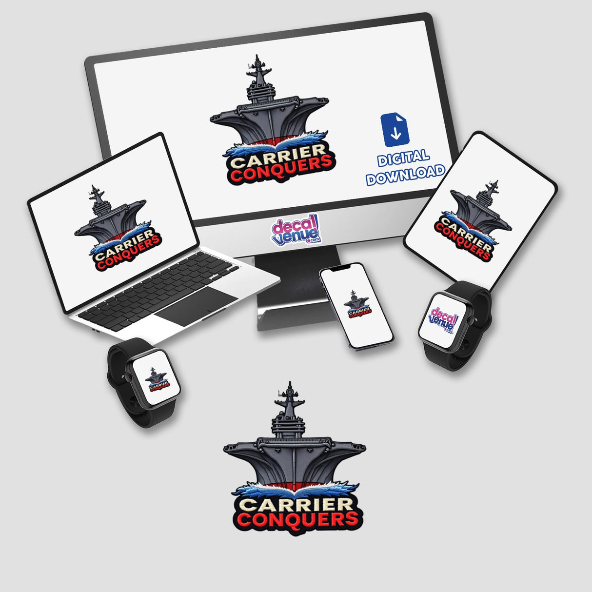 0006 - CARRIER CONQUERS digital artwork with ship logo on laptop screen, accompanied by a computer monitor and various tech devices. Available as stickers or digital art from Decal Venue.