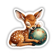 Cartoon of a deer titled Fawn Sleeping on Christmas Ornament, depicting a whimsical deer gently cradling an ornament. Available as stickers or digital artwork from Decal Venue.