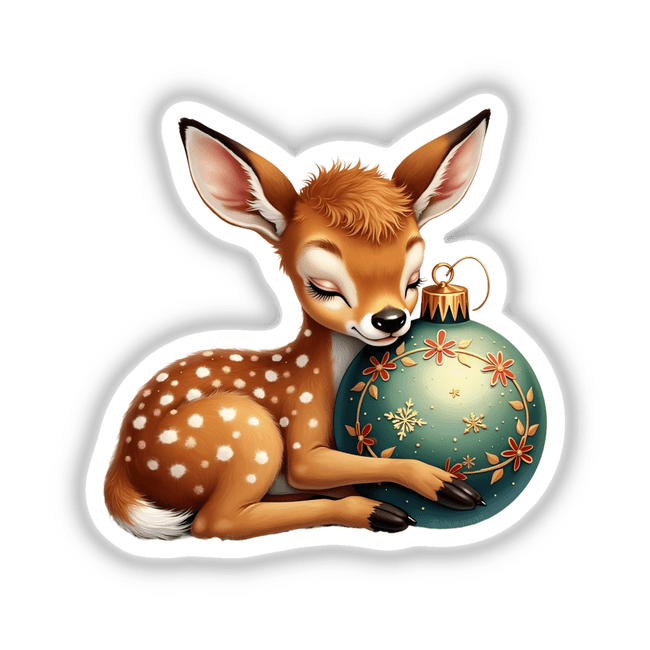 Cartoon of a deer titled Fawn Sleeping on Christmas Ornament, depicting a whimsical deer gently cradling an ornament. Available as stickers or digital artwork from Decal Venue.