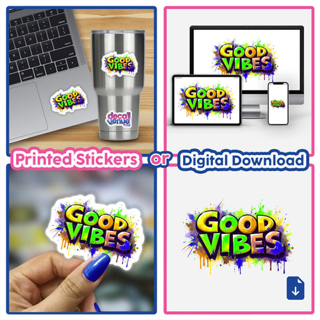 Good Vibes Graffiti Art stickers on laptops showcasing unique, vibrant designs, perfect for personalizing digital devices. Available as stickers or digital artwork from Decal Venue.