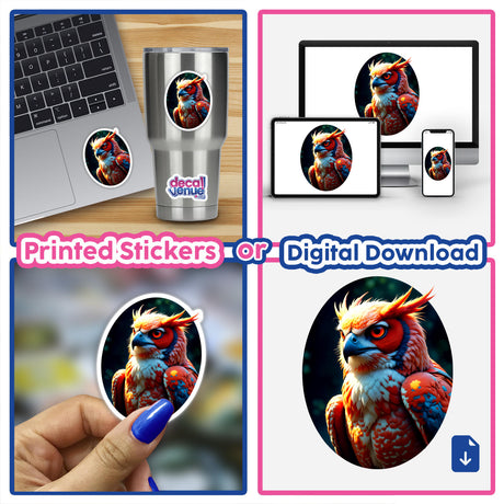 A collage featuring A Cool Hybrid Hawk Owl as a sticker or digital artwork, showcasing vibrant owl imagery, perfect for laptops and personalized decor.