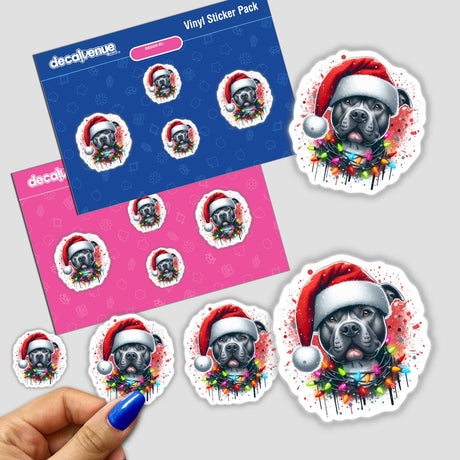 Christmas Pitbull Santa Tangled in Lights sticker features a playful dog adorned with a Santa hat and Christmas lights, captured in a close-up, perfect for holiday-themed decor or digital artwork.