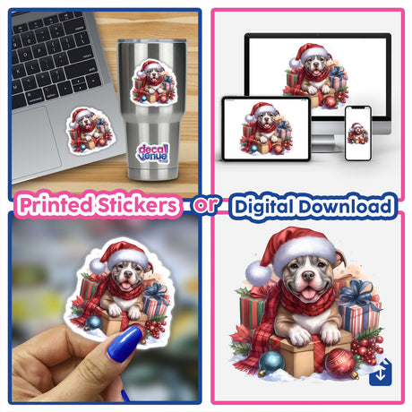 Christmas Eve Pitbull Dog depicted on a sticker, featuring a pitbull wearing a Santa hat and scarf, perfect for laptops or as digital artwork from Decal Venue.