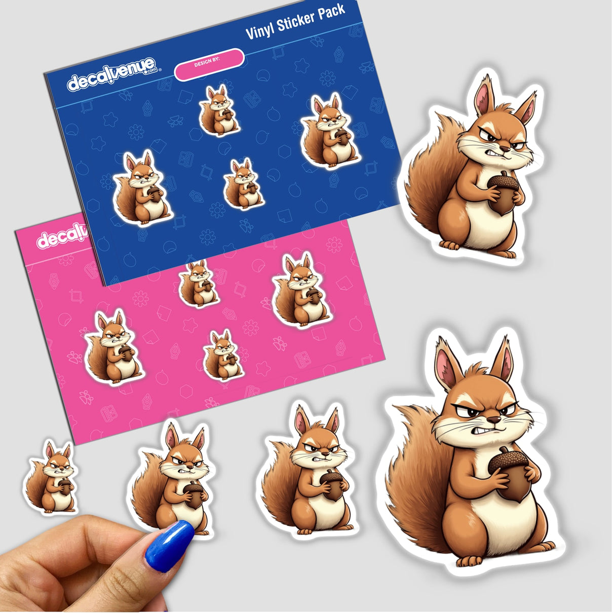 Cute Grumpy Squirrel Holding Acorn Cartoon stickers, featuring multiple playful squirrel illustrations, shown with a hand holding a nut. Available as Stickers or Digital Artwork.