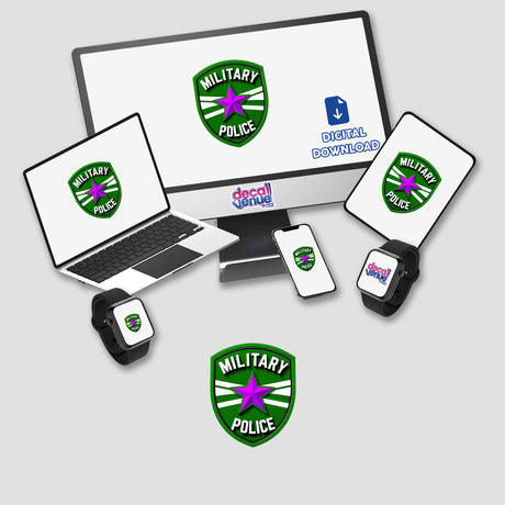 Military Police Shield Logo displayed on a computer monitor and a laptop, available as unique stickers or digital artwork from Decal Venue.