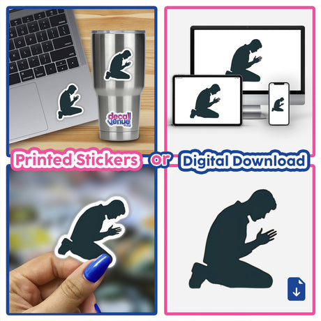 Collage featuring the Kneeling Prayer Silhouette Sticker & Clipart, showcasing various uses on laptops and cups, highlighting its religious inspirational design for commercial projects. Available as stickers or digital artwork.