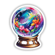 Crystal Ball Galaxy Landscape: Cosmic Sticker Design features a vibrant flowered sphere, showcasing intricate floral patterns within a glass-like ball, perfect for unique sticker or digital art enthusiasts.