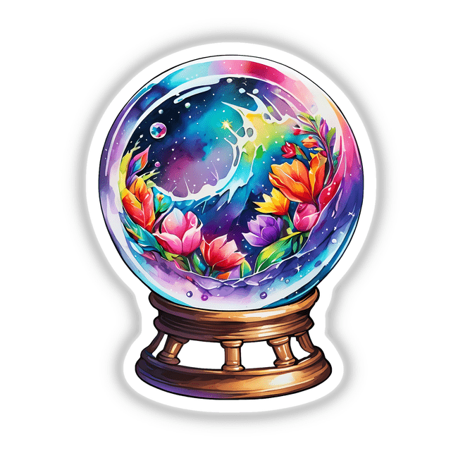 Crystal Ball Galaxy Landscape: Cosmic Sticker Design features a vibrant flowered sphere, showcasing intricate floral patterns within a glass-like ball, perfect for unique sticker or digital art enthusiasts.