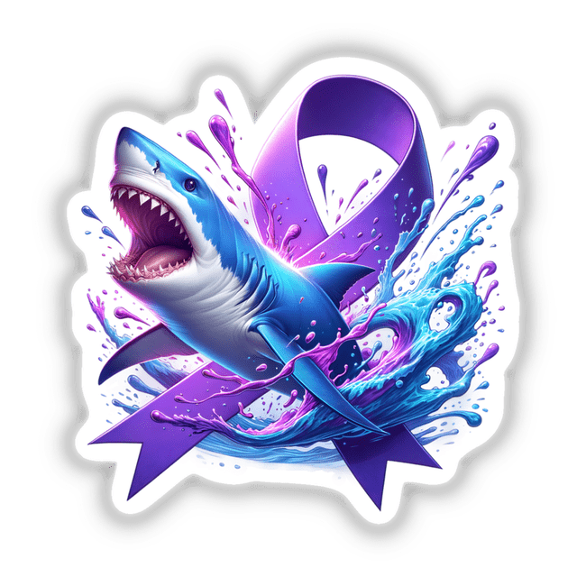 Shark-themed sticker or digital artwork featuring a cartoon blue shark adorned with a purple awareness ribbon, highlighting the Shark Purple Awareness Ribbon design from Decal Venue.