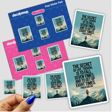 Hand holding a Motivational Paulo Coelho Quote Clipart sticker pack, featuring designs of a man standing on a mountain, available as stickers or digital artwork.