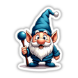 A Funny Magical Gnome cartoon, featuring a whimsical gnome with a blue hat, holding a staff, perfect as a sticker or digital artwork from Decal Venue's unique collection.