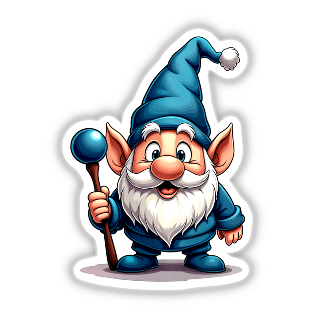 A Funny Magical Gnome cartoon, featuring a whimsical gnome with a blue hat, holding a staff, perfect as a sticker or digital artwork from Decal Venue's unique collection.