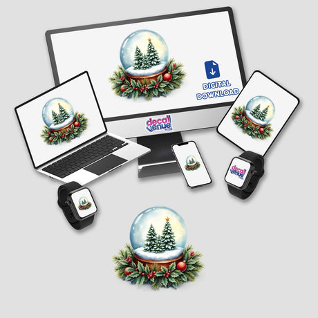 Festive Snow Globe in a Christmas Wreath featured on a laptop and monitor, highlighting its availability as stickers or digital artwork from Decal Venue. A phone also displays the snow globe image.