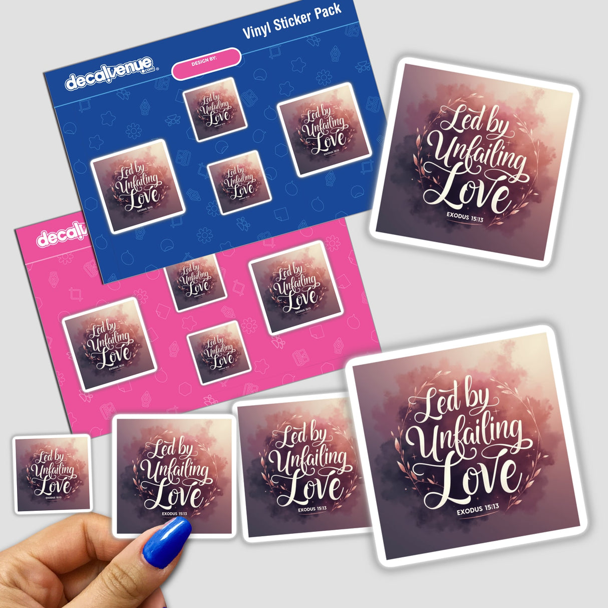 Hand holding Led by Unfailing Love – Exodus 15:13 Christian sticker pack, showcasing various designs. Available as stickers or digital artwork with commercial rights.