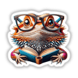 Bearded Dragon With Reading Glasses Open Book: A whimsical illustration featuring a cartoon lizard wearing glasses and intently reading an open book, available as unique stickers or digital artwork.