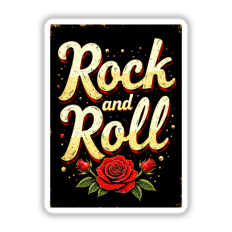 Rock 'n Roll Roses design featuring bold typography intertwined with vibrant red roses, available as unique stickers or digital artwork.