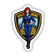 Cartoon of a woman in a blue uniform, titled 0010 - GOLD HERO, available as stickers or digital artwork.