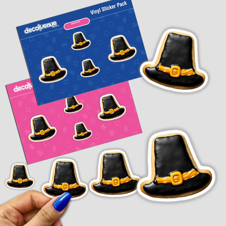 Sticker pack featuring Pilgrim Hat Shaped Cookies with black icing and gold buckle, including close-up details of the designs.