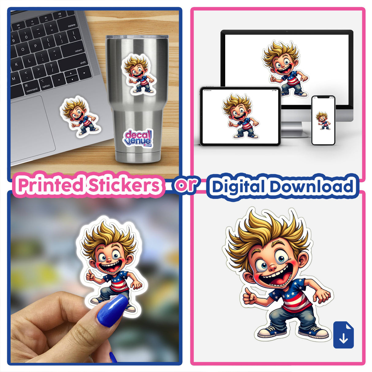 O Risadinha, a collage showcasing a cartoon boy's cheerful expressions, available as stickers or digital artwork, displayed on a laptop and various surfaces.