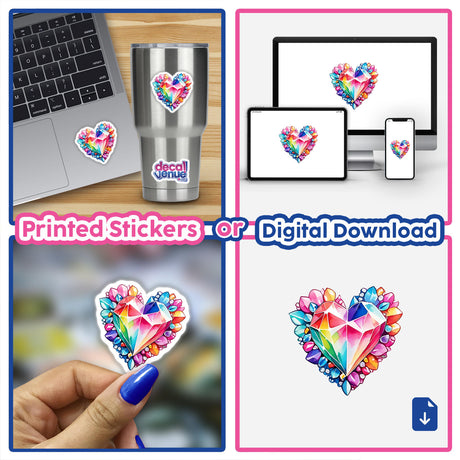 Colorful Heart Made of Diamonds: Sticker Design featuring a vibrant heart collage with gem-like facets, applied on a laptop and showcased in various close-up views. Available as stickers or digital artwork.