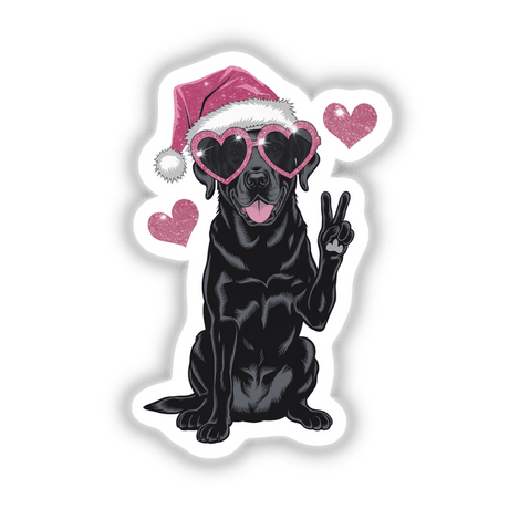 Black Labrador wearing a Santa hat and pink sunglasses, featured in the Christmas Santa Pink Labrador Dog in Lights design, available as stickers or digital artwork from Decal Venue.