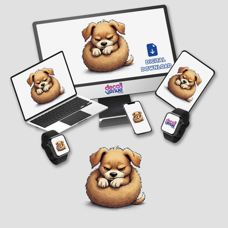 Computer monitor and laptop displaying images of a cute, angry puppy curled up, available as stickers or digital artwork from Decal Venue.