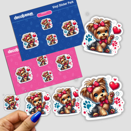 Valentine Yorkie Dog Hearts sticker pack featuring adorable cartoon dogs with bows and hearts, available as vinyl stickers or digital artwork. Perfect for adding charm to any surface.