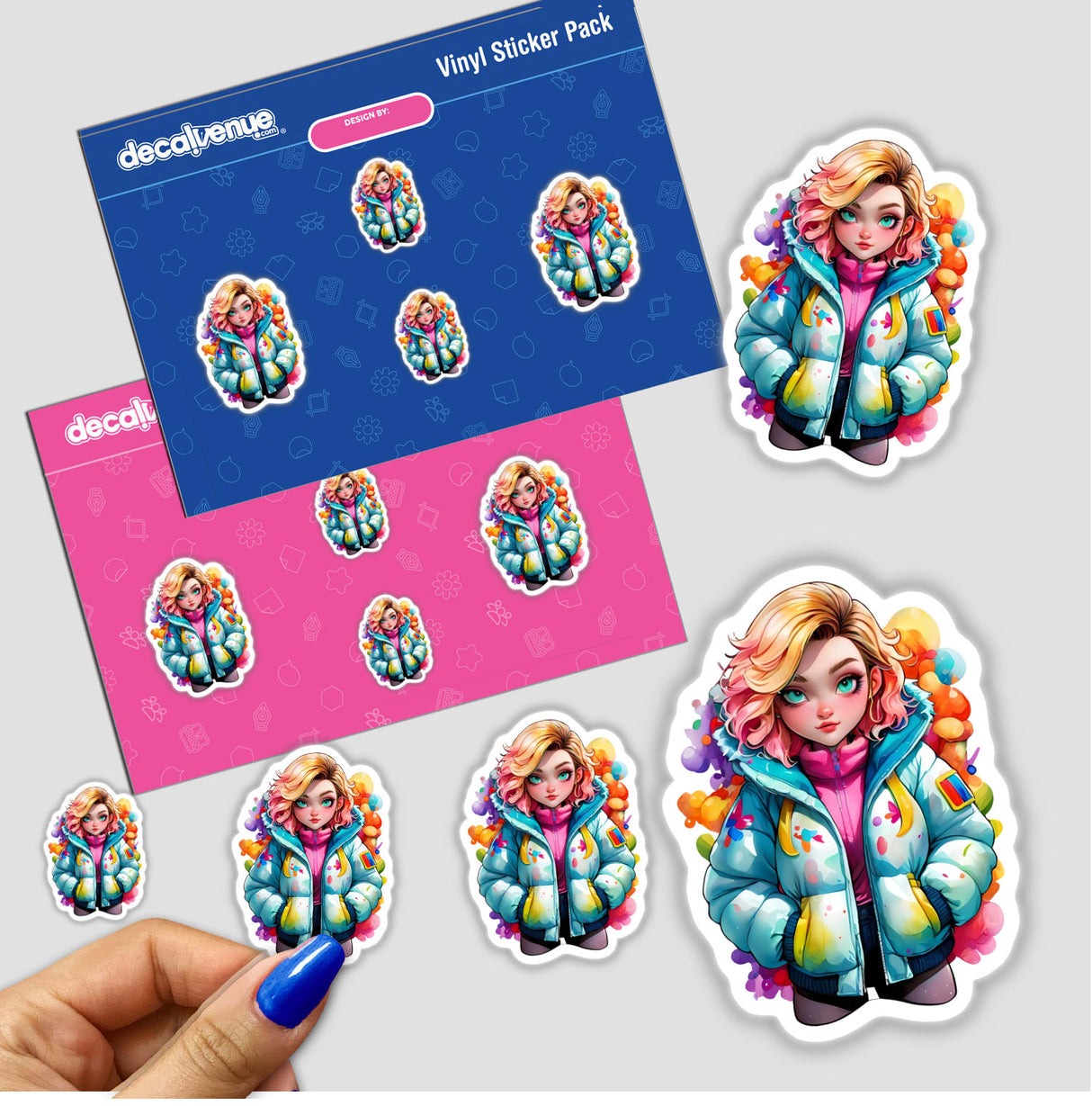 Colorful Puffer Jacket Woman: Vibrant Sticker Design depicting a cartoon girl with pink hair and a blue jacket, available as individual stickers or a sticker pack.