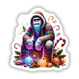 Colorful digital artwork of a Sasquatch or Bigfoot wearing a festive Christmas sweater, surrounded by holiday decorations and ornaments.