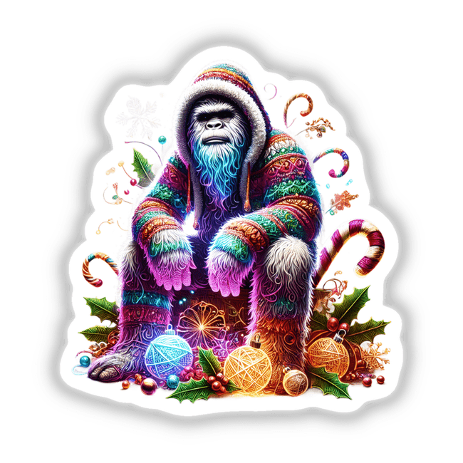 Colorful digital artwork of a Sasquatch or Bigfoot wearing a festive Christmas sweater, surrounded by holiday decorations and ornaments.