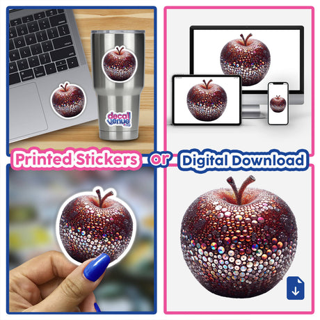 Collage featuring “Sparkling Apple Sequin Art” with close-up images of a hand holding a shiny apple and various red apples. Available as Stickers or Digital Artwork from Decal Venue.