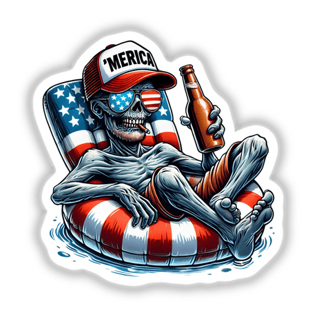 Zombie American Flag Float Merica sticker featuring a cartoon skeleton lounging on a float, wearing sunglasses and a hat with stars and stripes. Available as stickers or digital artwork.
