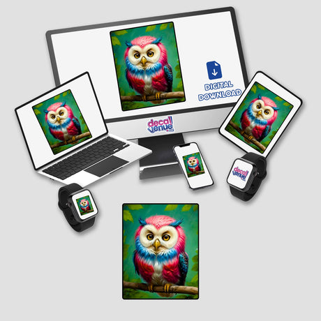 Pretty Little Owl of Colors displayed on a computer monitor and laptop, showcasing vibrant digital artwork available as stickers or downloadable art from Decal Venue.