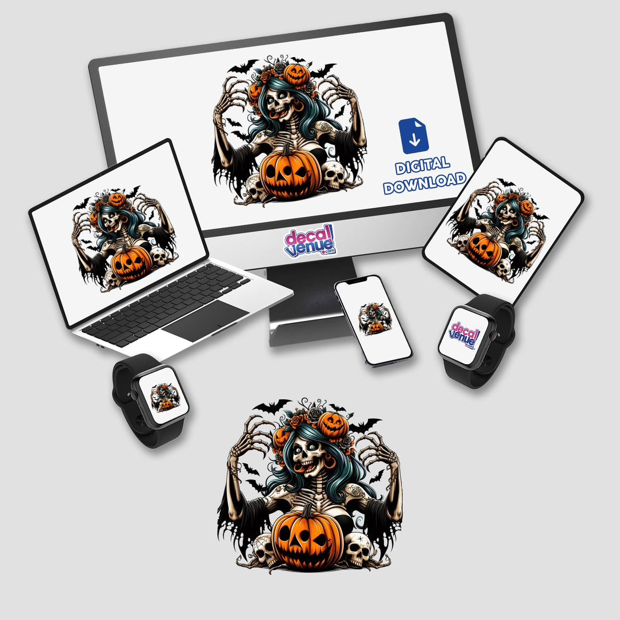 Delirious Halloween Skeleton Zombie Mama artwork displayed on computer and laptop screens, featuring skeletons and pumpkins. Available as stickers or digital artwork from Decal Venue.