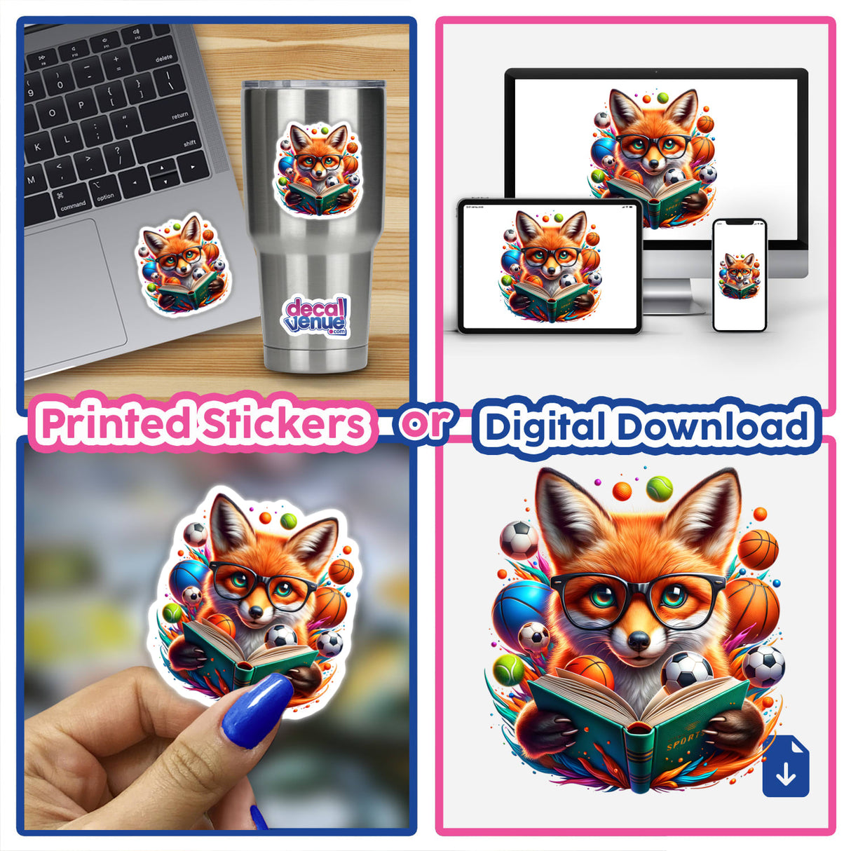 Fox Reading a Book with Glasses and Sports Balls sticker, featuring a whimsical fox character deep in reading, ideal for adding charm and personality to laptops or other surfaces.