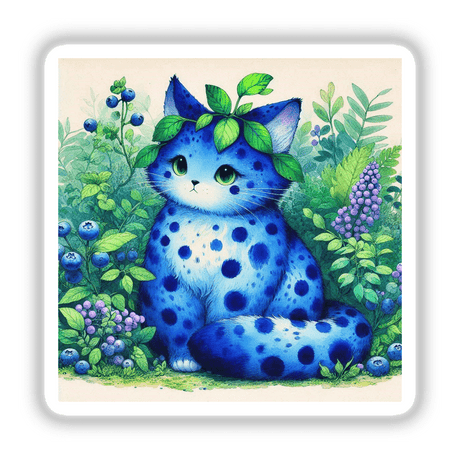 Blueberry Kitten artwork featuring a whimsical blue cat adorned with green leaves, perfect as a sticker or digital art piece from Decal Venue's unique collection.