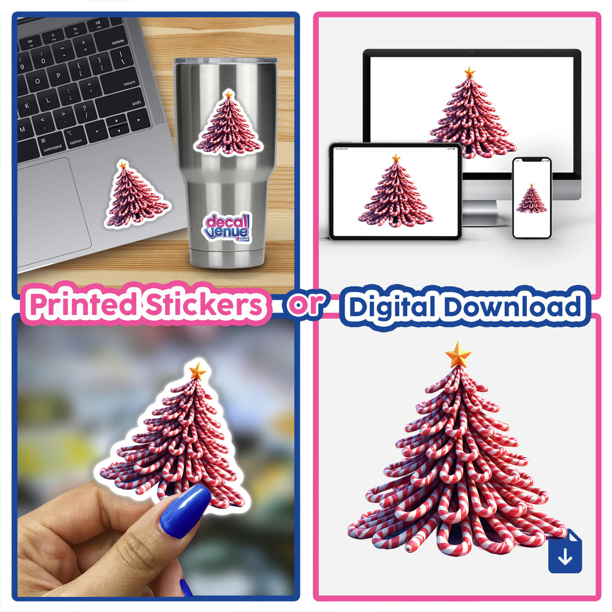 Collage featuring Candy Cane Tree stickers and digital download options, showcasing a whimsical Christmas theme. Stickers are displayed on a laptop and in hand, highlighting versatility and festive appeal.