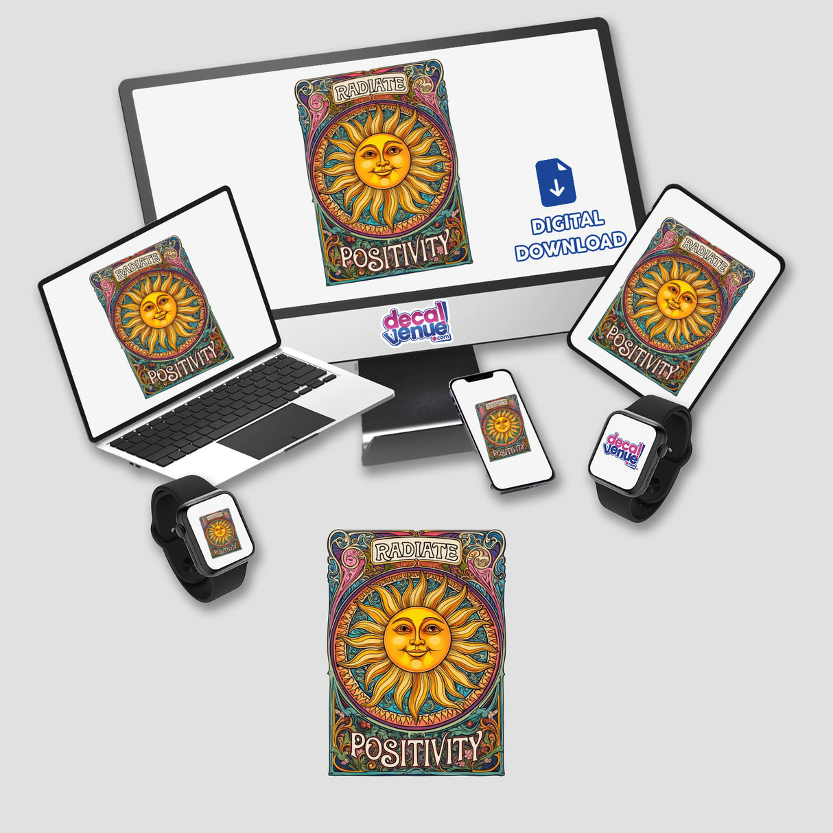 Radiate Positivity Sun with Ornate Floral Patterns displayed on a computer monitor and laptop, showcasing its intricate design. Available as stickers or digital artwork from Decal Venue.