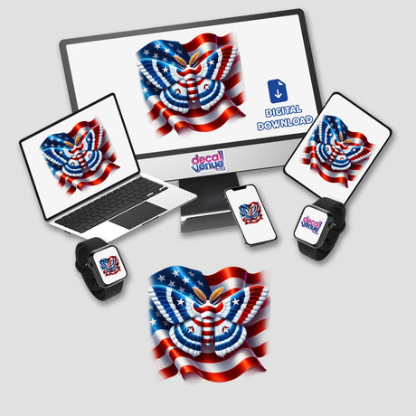 Patriotic moth with American flag design on digital artwork displayed across various devices.