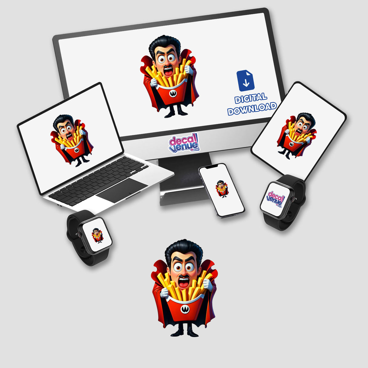 Funny Dracula French Fries digital artwork featuring a cartoon character holding fries, showcased on multiple devices, available as stickers from Decal Venue.