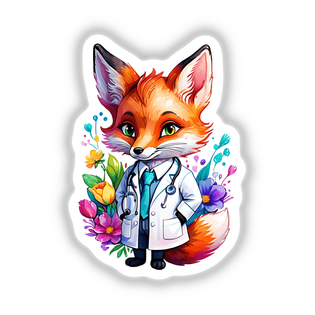 Cartoon fox in a white coat with stethoscope, titled Foxy Physician: Cute Fox Doctor. Available as stickers or digital artwork from Decal Venue.