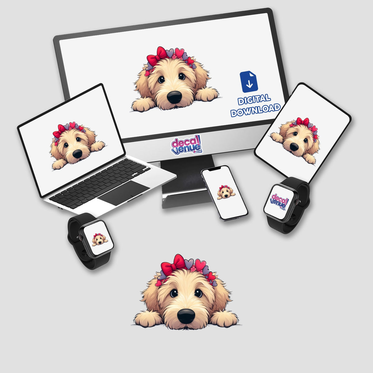 Peeking Goldendoodle w Heart Headband sticker or digital artwork featuring a cartoon dog with a head bow, displayed on a laptop and monitor screens.