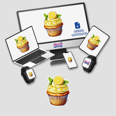 Lemon cupcake digital artwork with sliced lemons and mint leaves, featuring the Decal Venue store logo