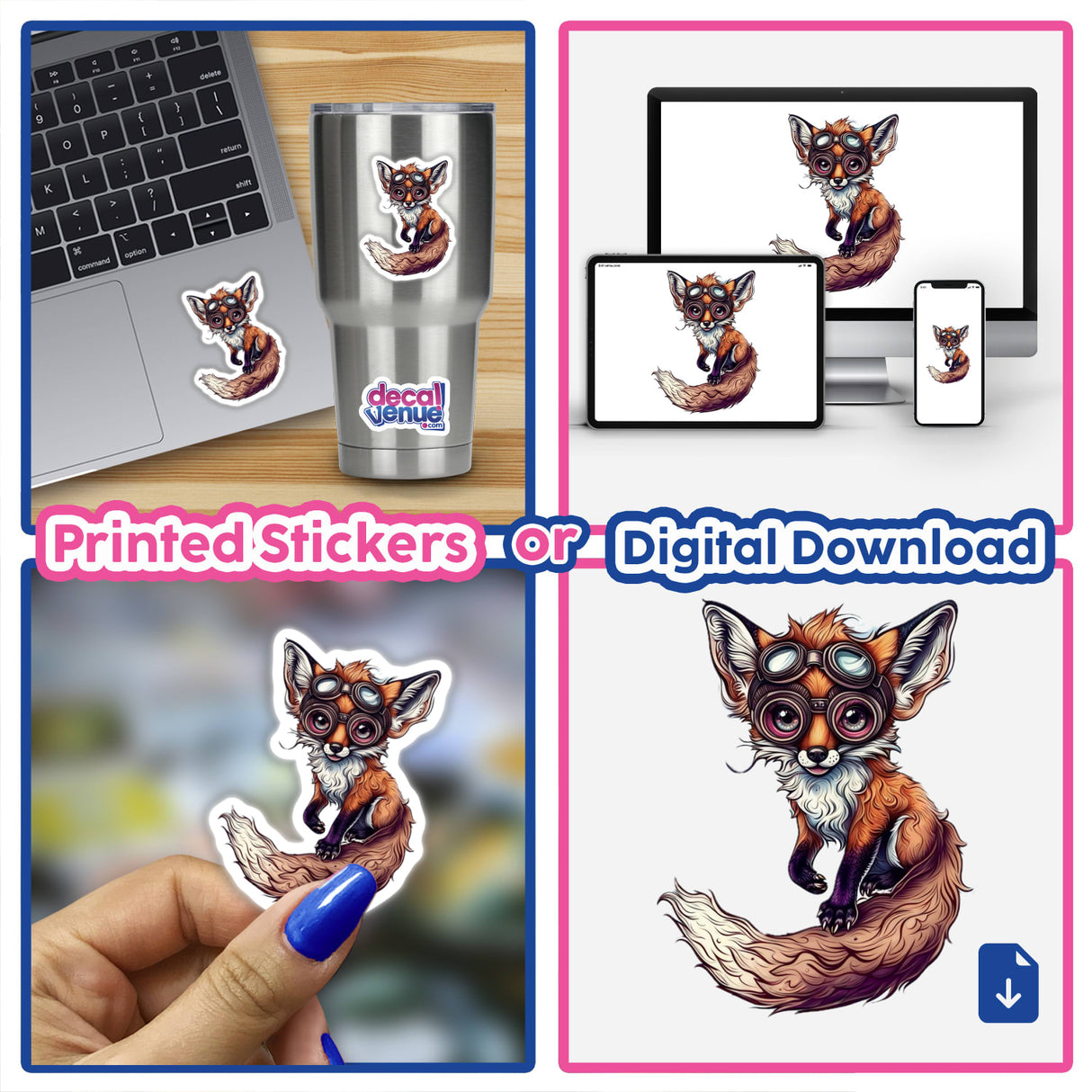 Collage of Whimsical Fox with Goggles and Swirling Clouds stickers on a laptop and cup, featuring a cartoon fox with goggles. Available as stickers or digital artwork from Decal Venue.