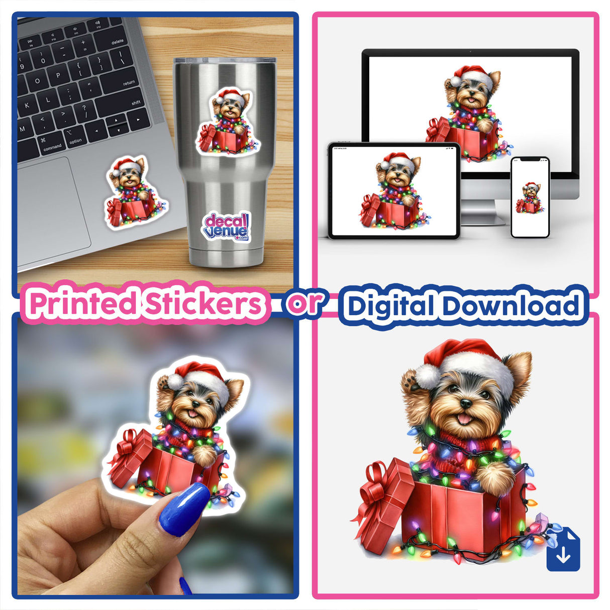 Christmas Lights Santa Yorkie Dog in Gift Box V sticker featuring a cartoon Yorkie wearing a Santa hat with Christmas lights, available as unique stickers or digital artwork from Decal Venue.