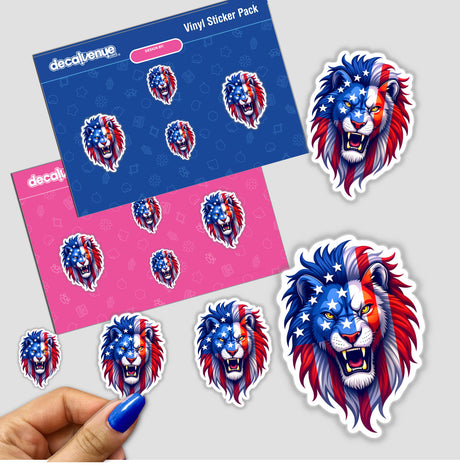 Sticker featuring a lion's head with an American flag motif, titled A Cool American Flag Lion, available as a sticker or digital artwork.