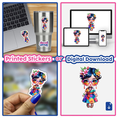 Japanese Girl Sticker - Glasses and Kimono: Collage of cartoon girl wearing glasses and a kimono, available as stickers or digital artwork.