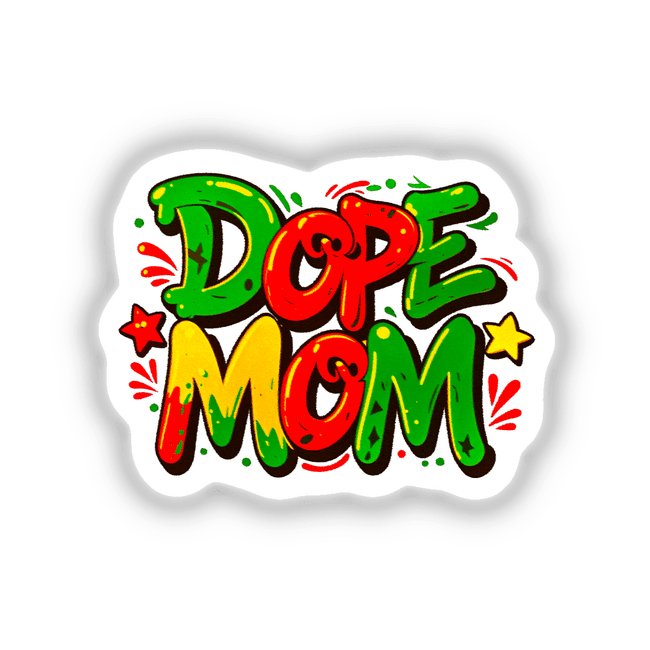 Dope Mom design featuring vibrant graffiti-style lettering and cartoon elements, available as unique vinyl stickers or digital artwork from Decal Venue.