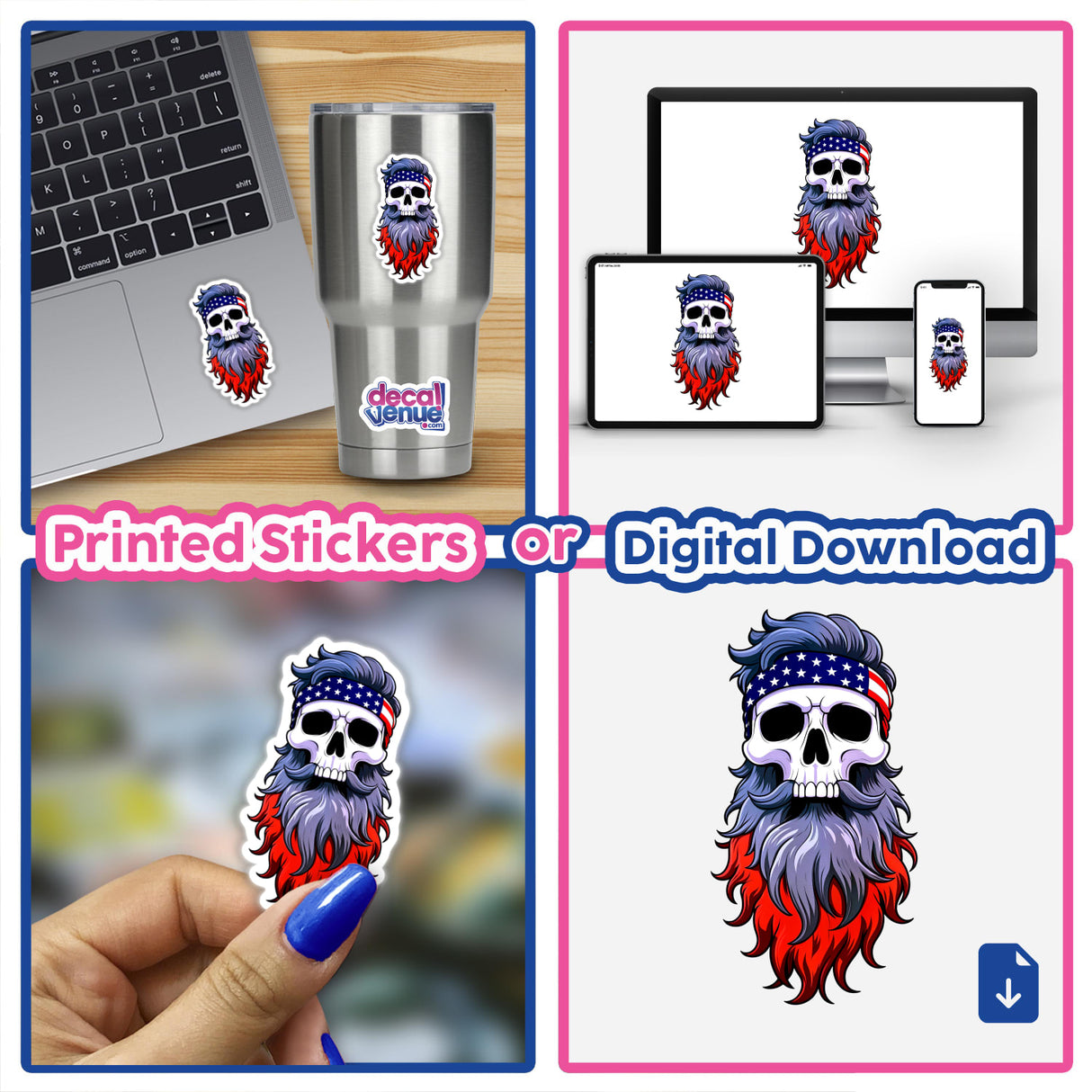 Collage showcasing A Cool Skull With An American Flag Bandana design, featured on stickers and digital downloads. The skull has a beard, displayed alongside a laptop and a stainless steel cup.