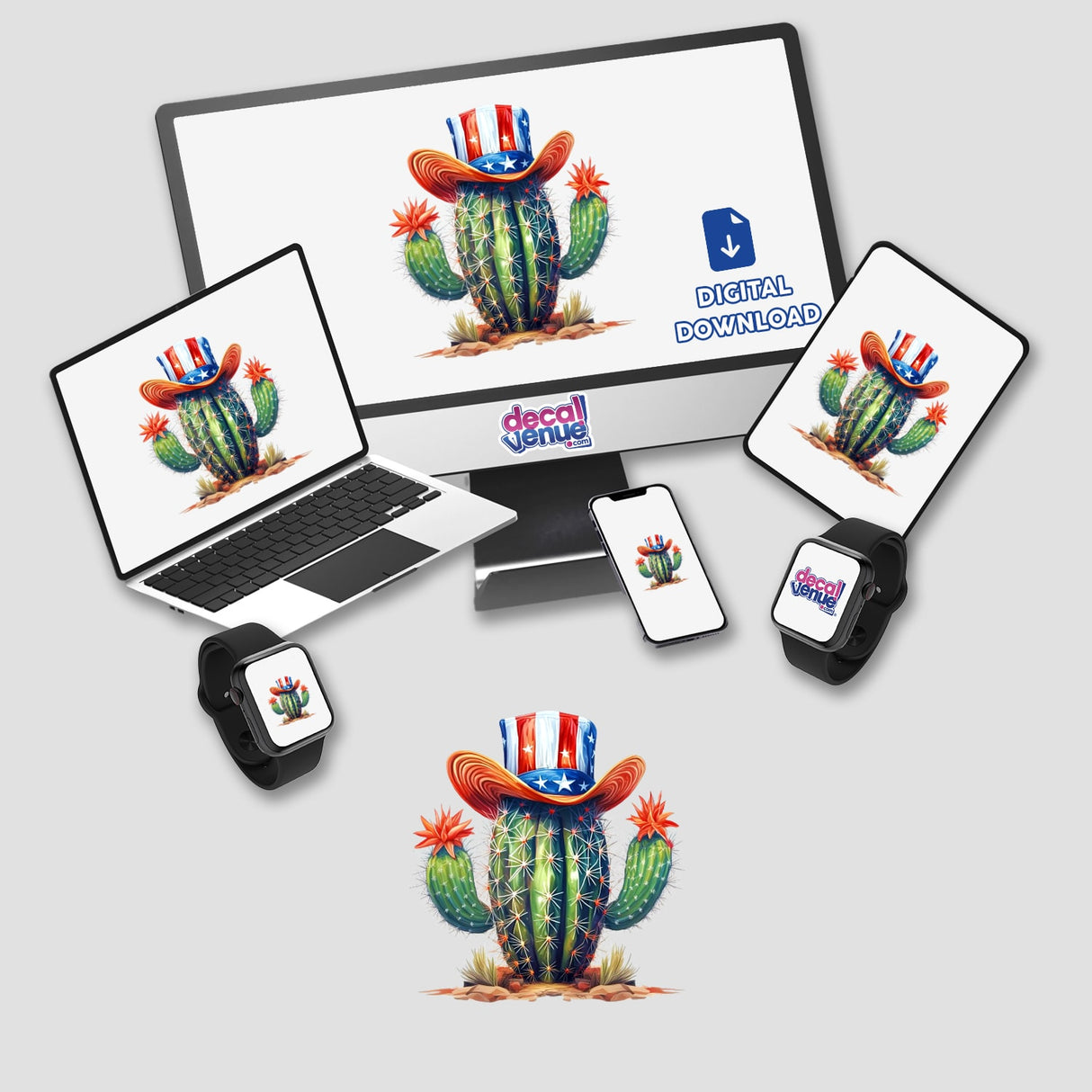 Patriotic cactus with colorful hat and blooming flowers shown on multiple digital devices including laptop, smartphone, and smartwatch from Decal Venue, an online store offering unique stickers and digital artwork.